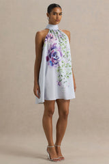 Evita | Powder Blue Rose Print High-Neck A-Line Mini Dress With Bow