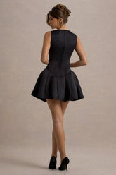 Bramble | Black Satin Square-Neck Puffball Mini Dress