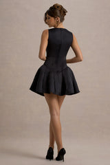 Bramble | Black Satin Square-Neck Puffball Mini Dress