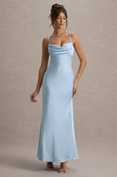 Eimear | Powder Blue Satin Draped Sweetheart Maxi Dress
