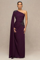 Solace | Dark Plum Asymmetric-Neck Maxi Dress With Front-High Split