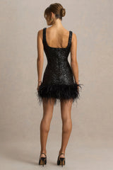 Rosalinda | Black Sequin Square-Neck Mini Dress With Feather Trim