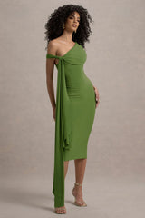 Vallea | Green One-Shoulder Draped Midi Dress