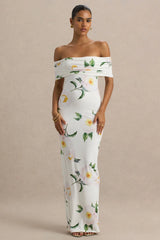 Capri | White Rose Print Bardot-Neck Maxi Dress With Ruched Detailing