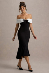 Corola | Black & White Bardot Volume-Hem Midi Dress