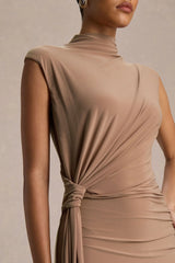 Solene | Brown High-Neck Maxi Dress With Wrap And Drape Detail