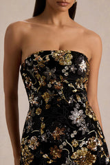 Valeri | Black Velvet Bandeau Mini Dress With Bronze Floral Sequin Embellishment