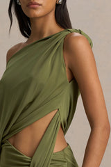 Layla | Olive Asymmetric-Neck Wrap Maxi Dress With Body Cut-Out And Ruched Detailing