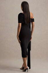 Vallea | Black One-Shoulder Draped Midi Dress