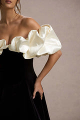 Brynne | Black & Cream Velvet Mini Dress With Satin Puff Sleeves