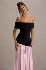Venezia | Black & Pink Bardot Maxi Dress With Drop-Waist