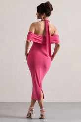 Connect | Pink Bodycon Halter-Neck Midi Dress With Cut-Out