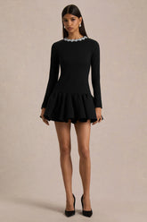 My Wish | Black Embellished Crew-Neck Mini Dress With Drop-Waist