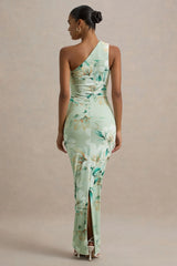 Dalarie | Green Floral Print One-Shoulder Gathered Maxi Dress