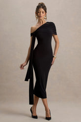 Praia | Black Asymmetric-Neck Maxi Dress With Sash and Draped Detailing