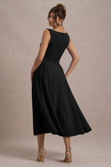 Muriel | Black Boat-Neck Volume-Hem Midi Dress