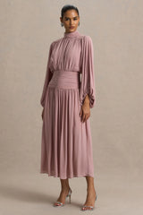 Annabel | Dusty Pink High-Neck Midi Dress With Drop-Waist And Pleated Detailing