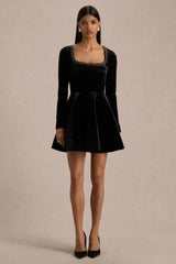 Beloved | Black Velvet Embellished Square-Neck Mini Dress