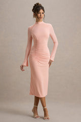 Cassandra | Pink High-Neck Long-Sleeve Midi Dress