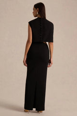 Roseth | Black High-Neck Maxi Dress With One-Sleeve And Body Cut-Out Detail