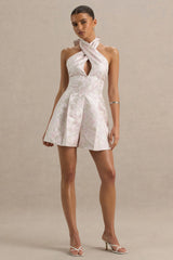 Sharie | Cream Floral Print Jacquard Halter-Neck Playsuit With Cut-Out Detail