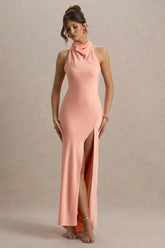 Priero | Peach Cowl Halter-Neck Open Back Maxi Dress