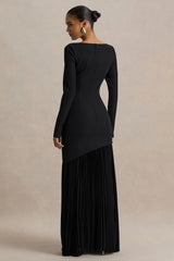 Yanira | Black Crepe And Georgette Boat-Neck Maxi Dress With Drop Waist
