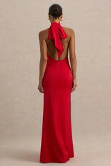 Lenora | Red Halter-Neck Maxi Dress with Ruched Detailing and Split