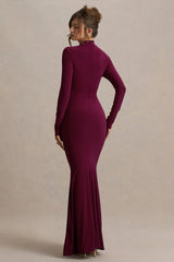 Pietra | Berry High-Neck Long Sleeve Knot Maxi Dress