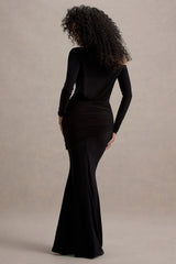 Deanna | Black Asymmetric Long-Sleeve Ruched Maxi Dress