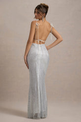 Quartz | Silver Embellished Square-Neck Open-Back Maxi Dress