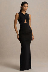 Kendall | Black V-Neck Wrapped Maxi Dress With Chest Cut-Out