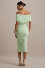 Rayleigh | Light Green Bardot Ruched Midi Dress