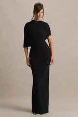 Glitz | Black High-Neck Maxi Dress With Cape Sleeve and Ruched Detail
