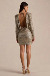 Mercedes | Champagne Sequin Boat-Neck Mini Dress With Draped Detail And Open Back