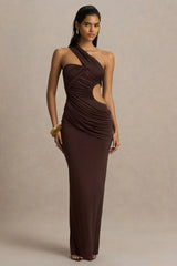 Serefine | Brown Asymmetric-Neck Maxi Dress With Body Cut-Out