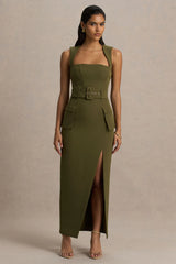 Sandra | Olive Square-Neck Tailored Maxi Dress With Front-High Split