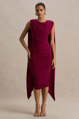 Wanderer | Burgundy Crew-Neck Midi Dress With Draped and Ruched Detailing