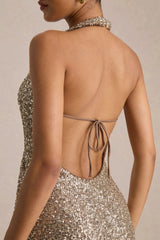 Gio | Champagne Sequin Plunge-Neck Wrap Maxi Dress With Ruched Detailing