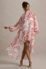 Delphia | Pink Porcelain Print High-Neck Maxi Dress With High-Low Hem