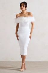 Maiden | White Lace Bardot Midi Dress With Feather Trim