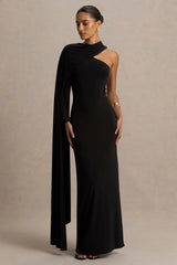 Dawn | Black High-Neck Maxi Dress With One Long Cape-Sleeve