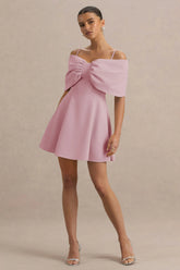 Faria | Blush Pink Short-Sleeve Bardot Mini Dress With Bow Detail