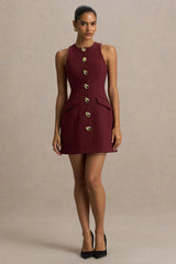 Belony | Dark Plum Crew-Neck Mini Dress With Button Detailing