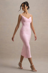 Addison | Pink Cowl-Neck Open-Back Midi Dress With Lace