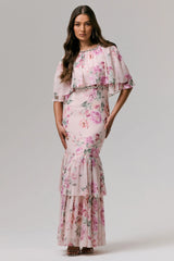 Never Let Go | Pink Floral Print Chiffon Maxi Dress With Tiered Hem
