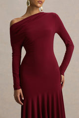 Isola | Burgundy Asymmetric-Neck Midi Dress With Hanky-Hem