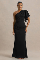 Unforgettable | Black Asymmetric-Neck Maxi Dress With Ruffled Detailing