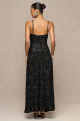 Allora | Black Sequin Square-Neck Maxi Dress With Pleated Skirt