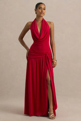 Mist | Red Plunge-Neck Maxi Dress With Knot-Detail And Open-Back